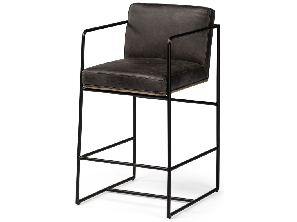 36" Total Height Black Leather Seat w/ Wood Back, Metal Frame Counter Stool - main image