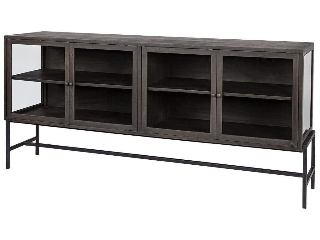 70X18 Black-Brown Wood, Black Metal Base w/ 4 Glass Cabinet Doors Sideboard - main image