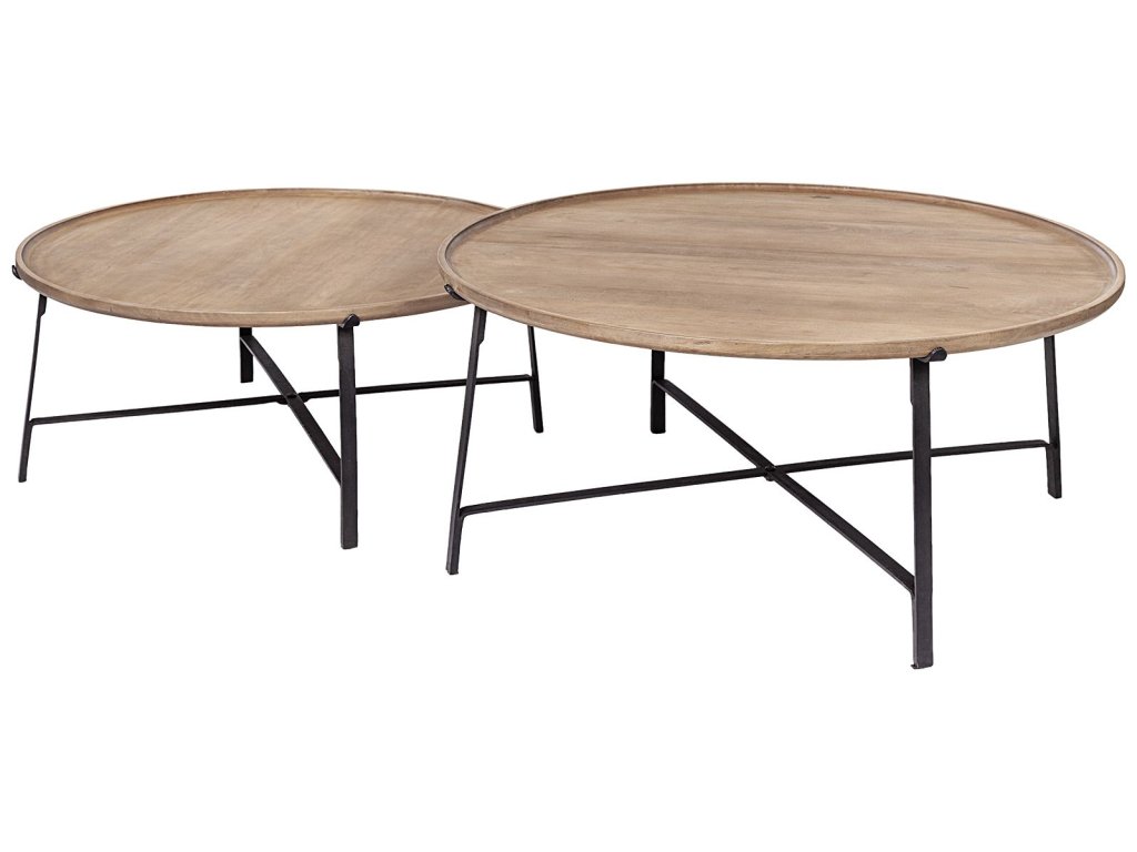 (Set of 2) Brown Solid Wood Top Black Metal Base Nesting Coffee Tables - main image