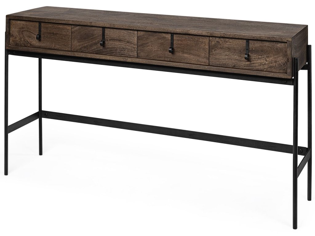 III 56L x 14W Dark Brown Wood w/ Black Iron Frame, 4 Drawer Console Table - main image