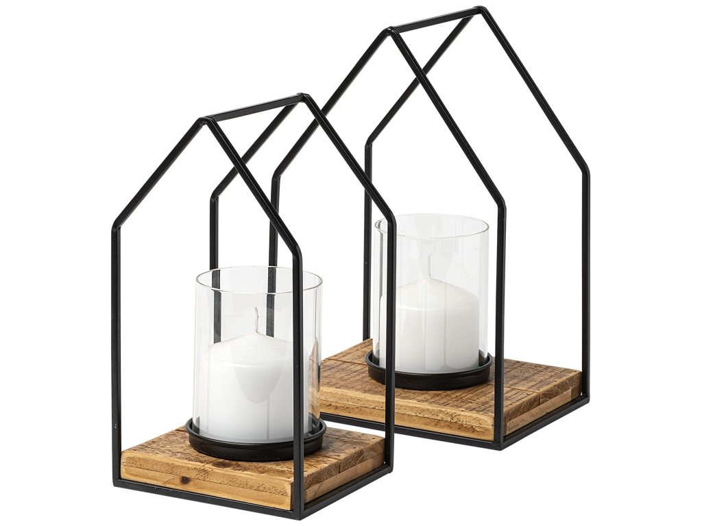 Set of 2 Black Metal Wooden Base Table Candle Holders - main image