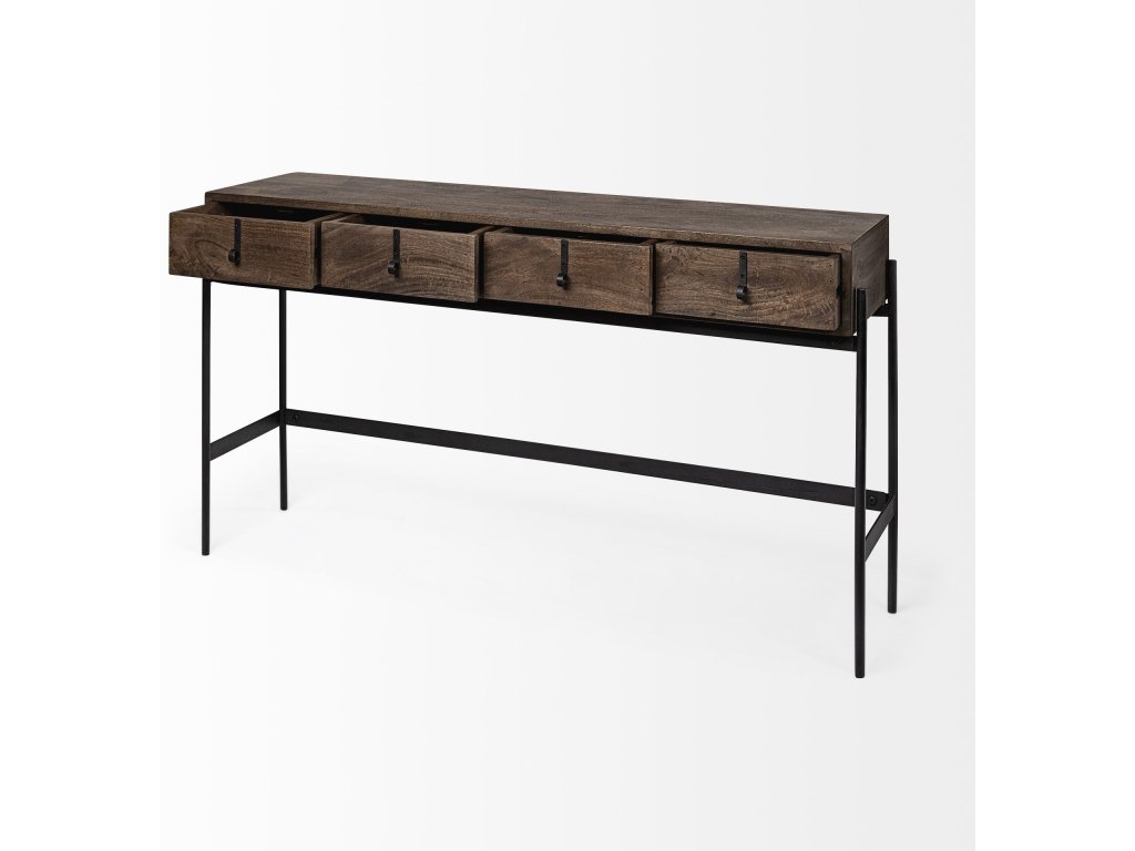III 56L x 14W Dark Brown Wood w/ Black Iron Frame, 4 Drawer Console Table - image 7