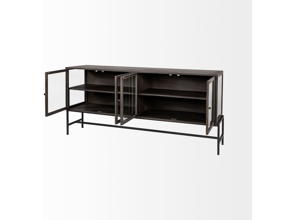 70X18 Black-Brown Wood, Black Metal Base w/ 4 Glass Cabinet Doors Sideboard - image 4