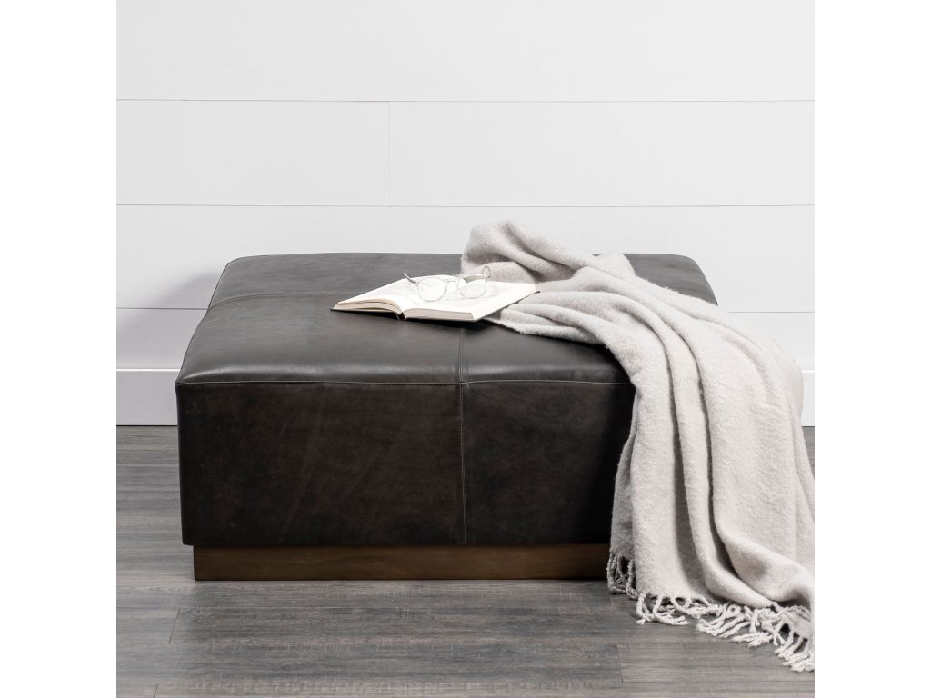 36" Square Black Leather Wrapped w/Metal Base Ottoman - image 1