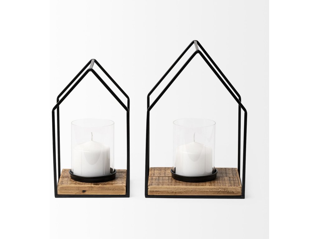 Set of 2 Black Metal Wooden Base Table Candle Holders - image 3