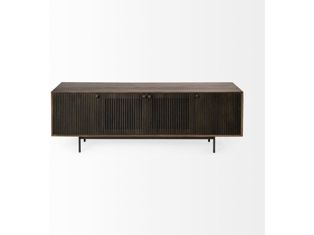 I Two-Toned Brown Solid Wood Tv Stand Media Console With Slated Doors, Tv Up To 82" - image 3