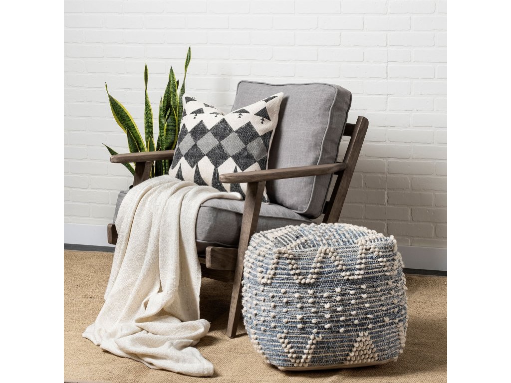 Blue Denim and Cream Cotton Stitched Square Pouf - image 2