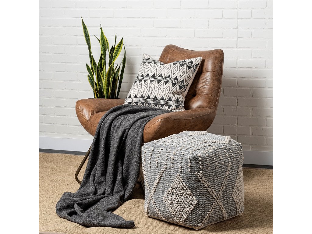Gray/Cream Polyester Handwoven Square Pouf - image 1