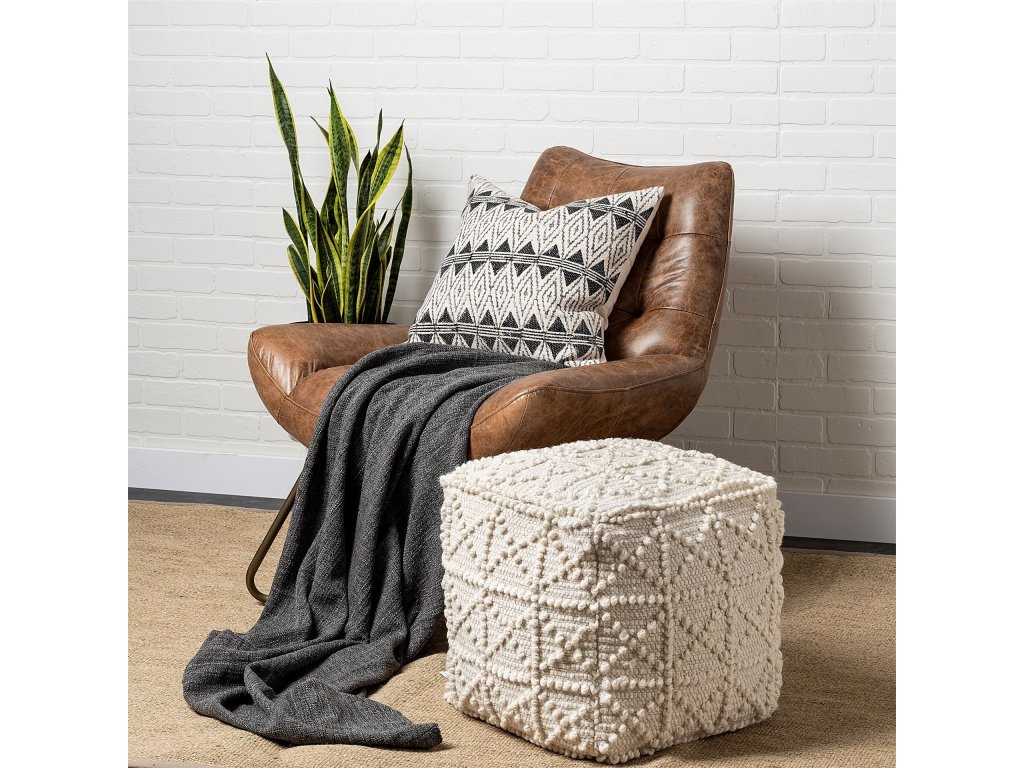 Square Cream Wool Pouf w/ Popcorn Detail - image 2