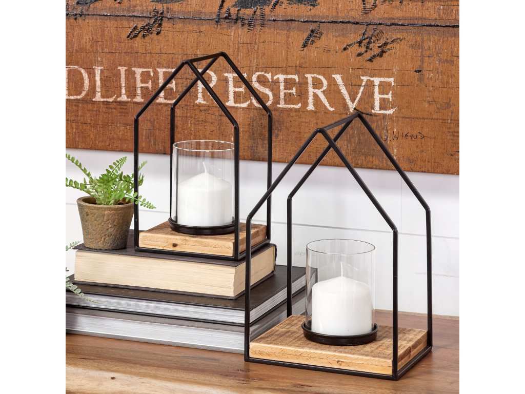 Set of 2 Black Metal Wooden Base Table Candle Holders - image 2