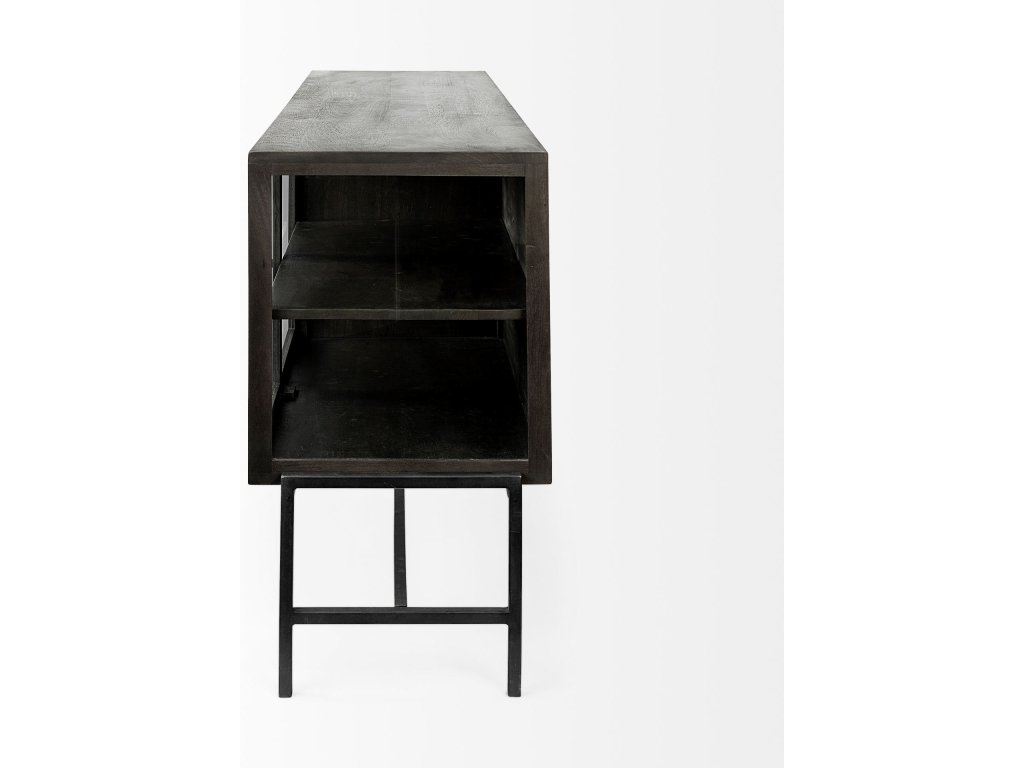70X18 Black-Brown Wood, Black Metal Base w/ 4 Glass Cabinet Doors Sideboard - image 3