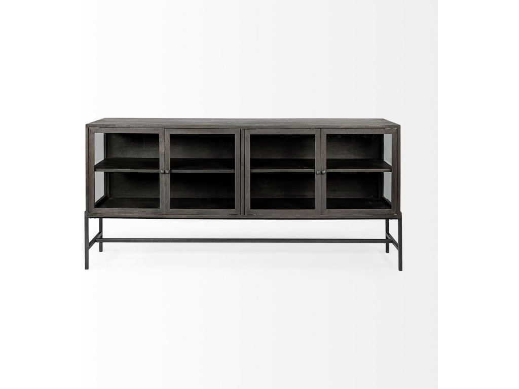 70X18 Black-Brown Wood, Black Metal Base w/ 4 Glass Cabinet Doors Sideboard - image 2