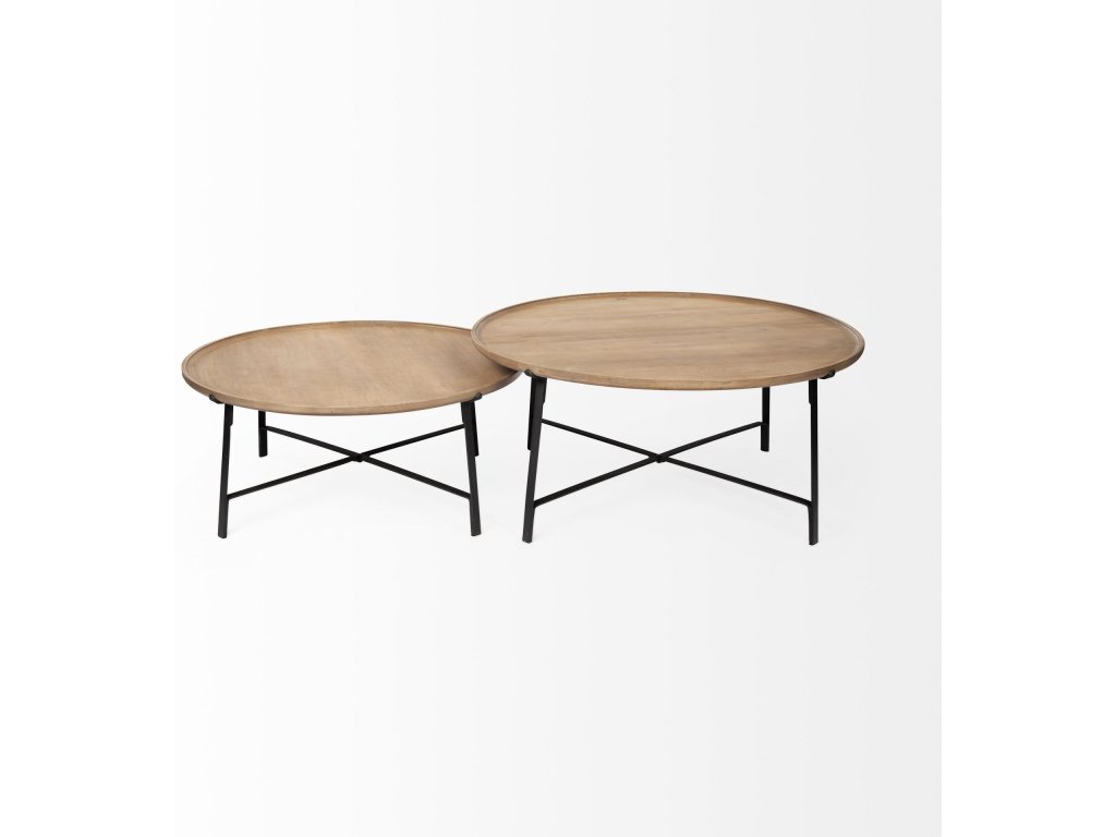 (Set of 2) Brown Solid Wood Top Black Metal Base Nesting Coffee Tables - image 2