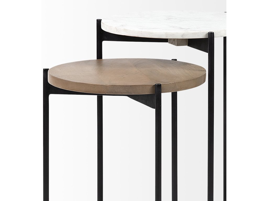 II Marble and Medium Brown Wood Round Tabletop Nesting End/Side Tables - image 9