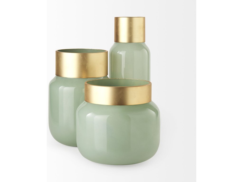 9.9L x 9.9W x 9.6H Green Glass Vase w/Matte Gold Metal Neck Cuff - image 2