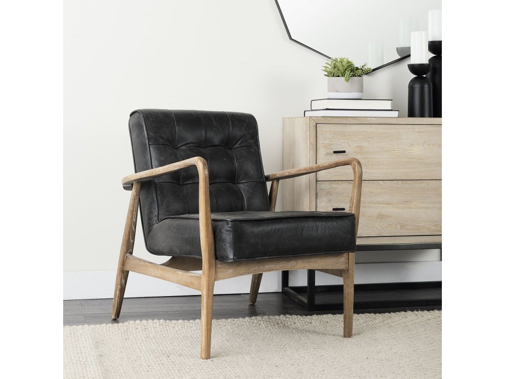 Black Leather w/ Brown Wooden Frame Accent Chair - image 3