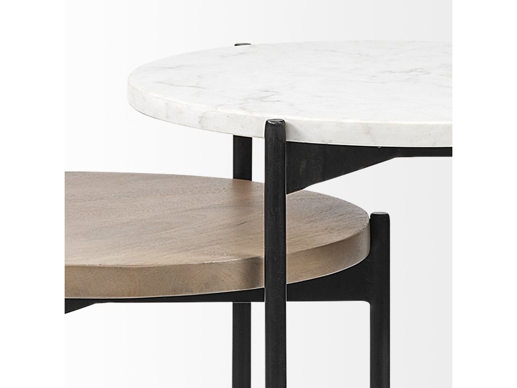 II Marble and Medium Brown Wood Round Tabletop Nesting End/Side Tables - image 8