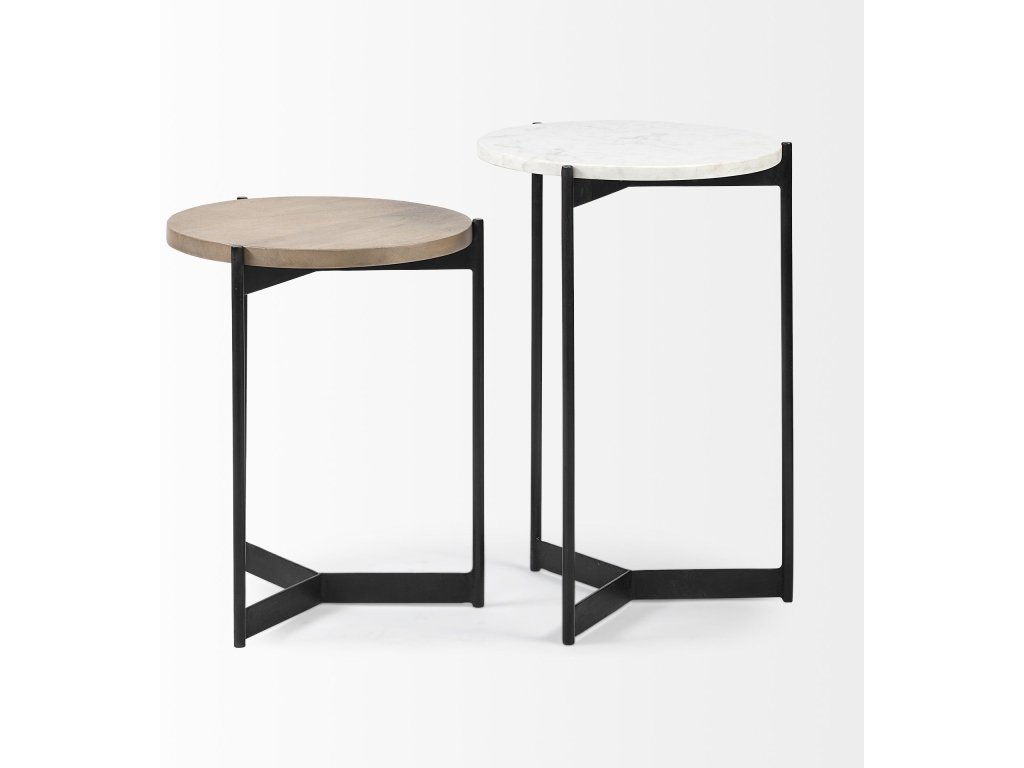 II Marble and Medium Brown Wood Round Tabletop Nesting End/Side Tables - image 6