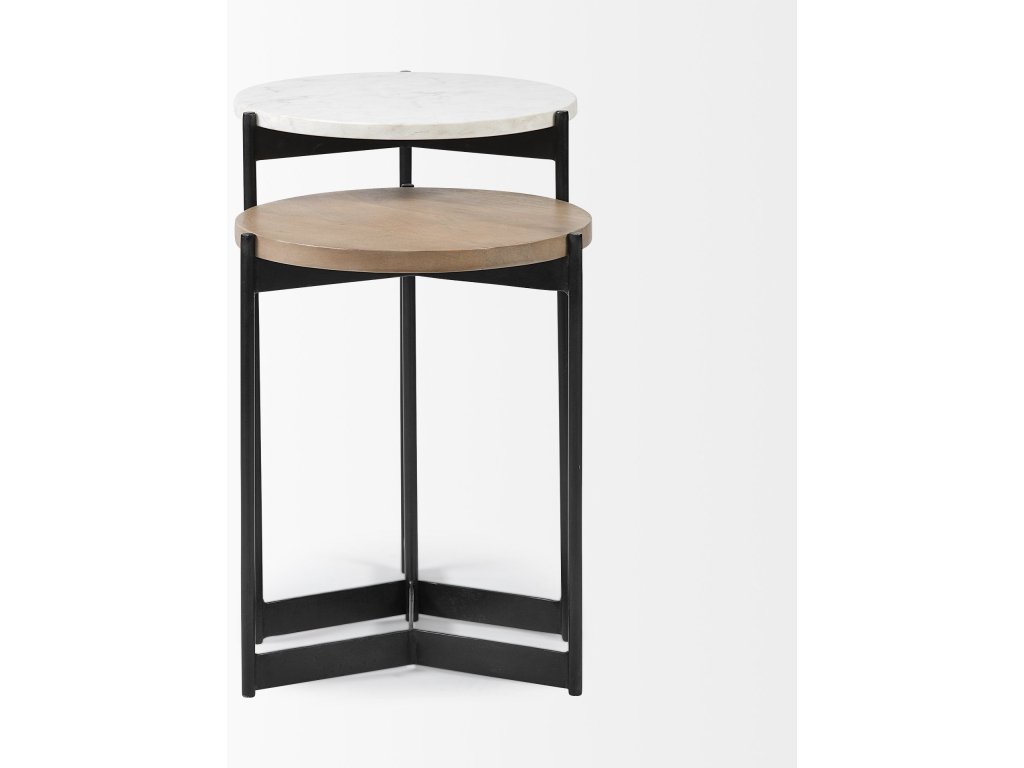II Marble and Medium Brown Wood Round Tabletop Nesting End/Side Tables - image 10