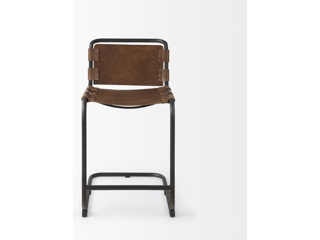 20.5 x 24.75 x 39 Medium Brown Leather w/ Iron Frame Counter Stool - image 2