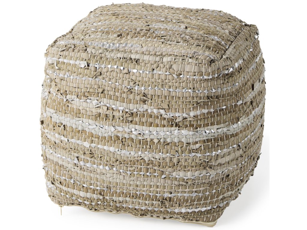 16.0L x 16.0W x 16.0H Taupe/Silver Leather and Cotton Pouf - main image