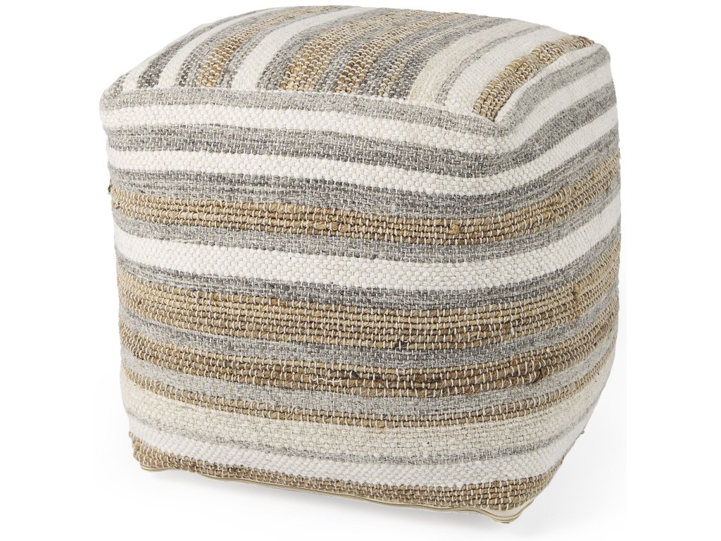 16.0L x 16.0W x 16.0H White/Taupe/Gray Striped Hemp and Cotton Pouf - main image