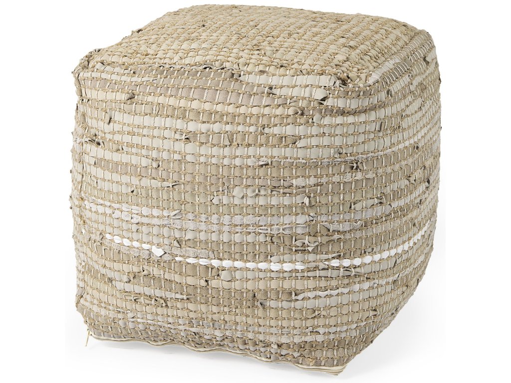 16.0L x 16.0W x 16.0H Beige Leather and Jute Pouf - main image