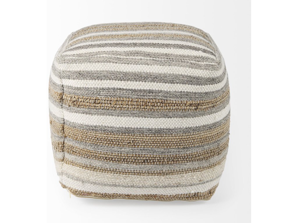 16.0L x 16.0W x 16.0H White/Taupe/Gray Striped Hemp and Cotton Pouf - image 5
