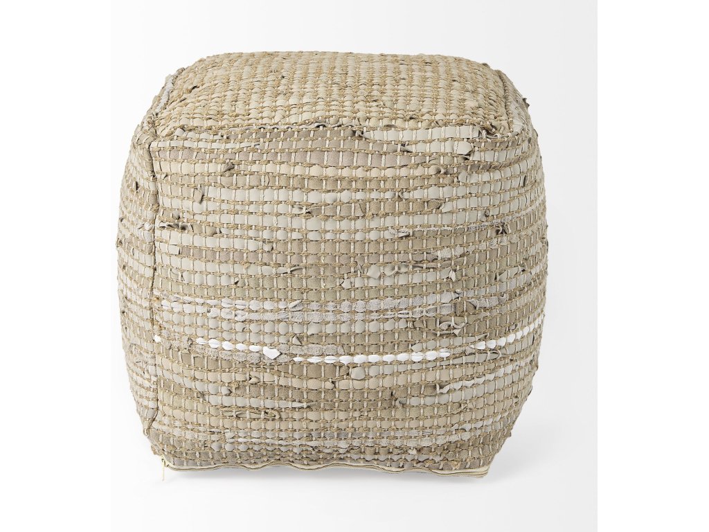 16.0L x 16.0W x 16.0H Beige Leather and Jute Pouf - image 1