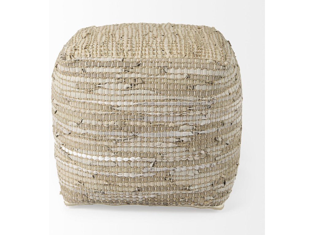 16.0L x 16.0W x 16.0H Beige Leather and Jute Pouf - image 3