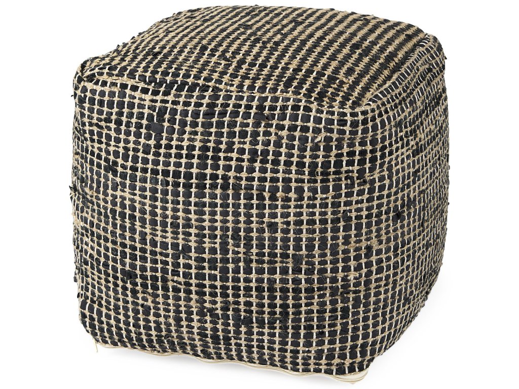 16.0L x 16.0W x 16.0H Charcoal Leather and Jute Pouf - main image