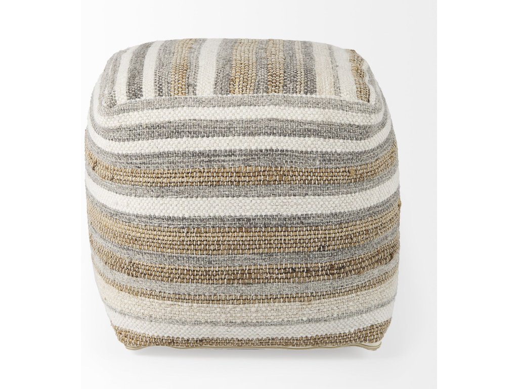 16.0L x 16.0W x 16.0H White/Taupe/Gray Striped Hemp and Cotton Pouf - image 3