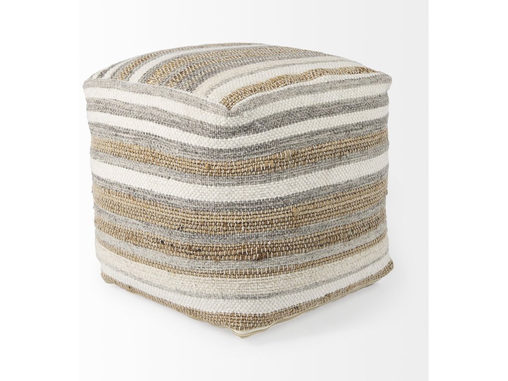 16.0L x 16.0W x 16.0H White/Taupe/Gray Striped Hemp and Cotton Pouf - image 4