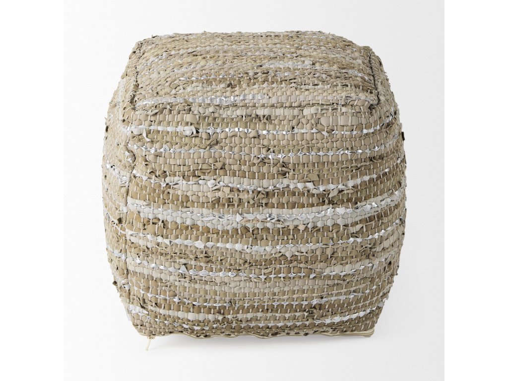 16.0L x 16.0W x 16.0H Taupe/Silver Leather and Cotton Pouf - image 2