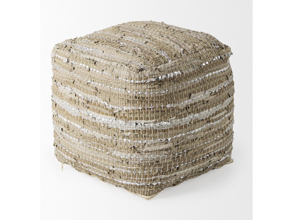16.0L x 16.0W x 16.0H Taupe/Silver Leather and Cotton Pouf - image 3