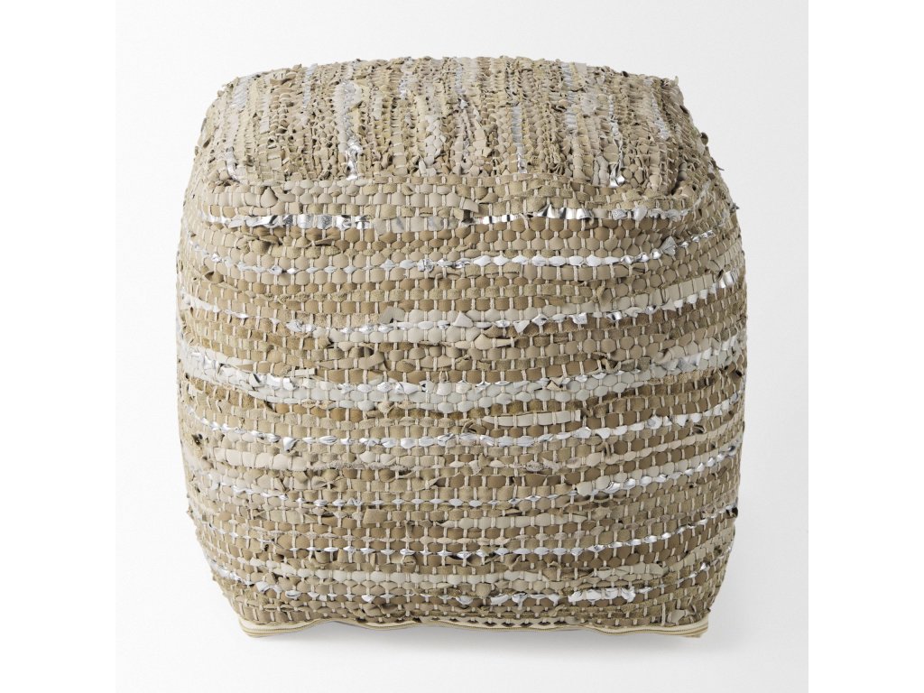 16.0L x 16.0W x 16.0H Taupe/Silver Leather and Cotton Pouf - image 4