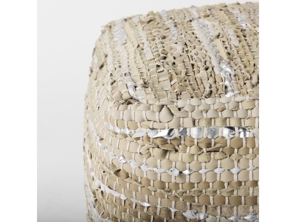 16.0L x 16.0W x 16.0H Taupe/Silver Leather and Cotton Pouf - image 5