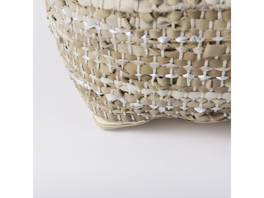 16.0L x 16.0W x 16.0H Taupe/Silver Leather and Cotton Pouf - image 8