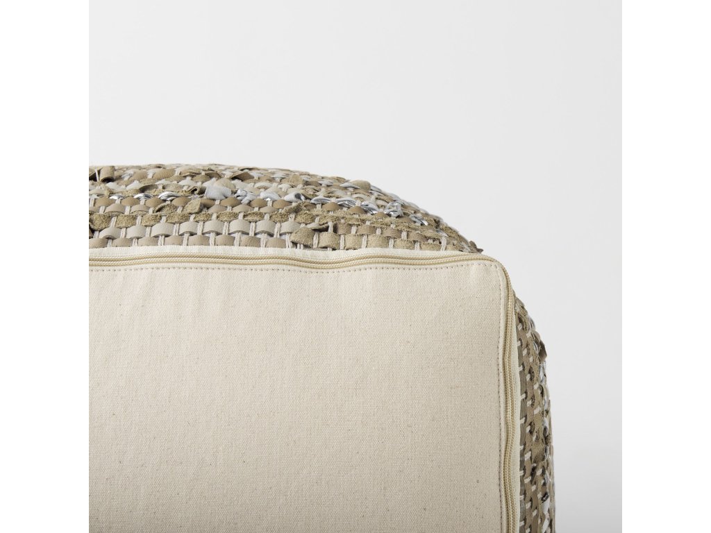 16.0L x 16.0W x 16.0H Taupe/Silver Leather and Cotton Pouf - image 9