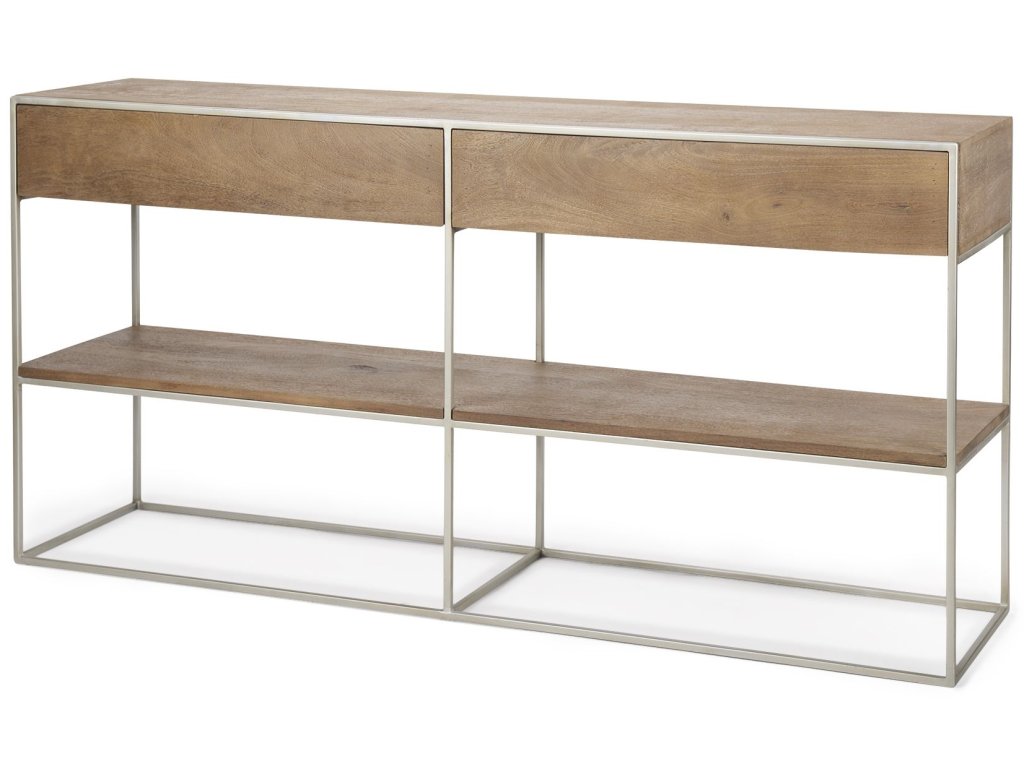 I 63L x 15W x 31H Brown Wood w/ Silver Metal Frame 2 Drawer Console Table - main image