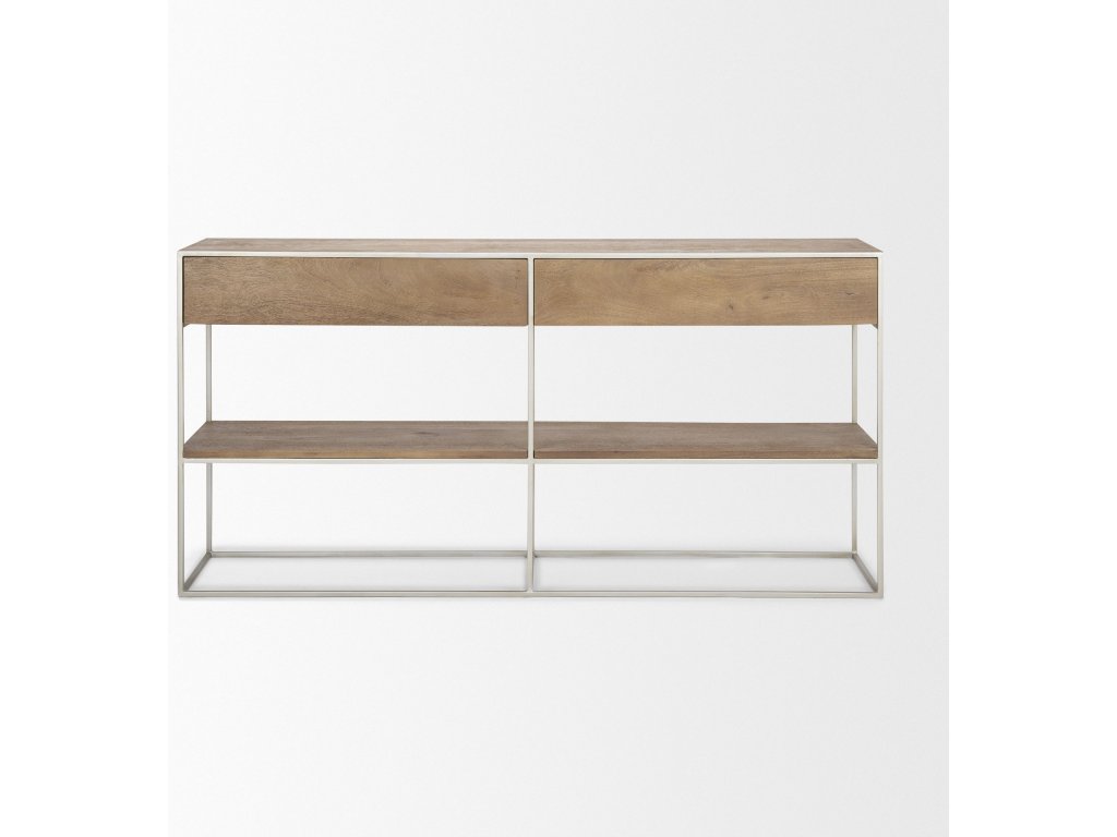 I 63L x 15W x 31H Brown Wood w/ Silver Metal Frame 2 Drawer Console Table - image 3