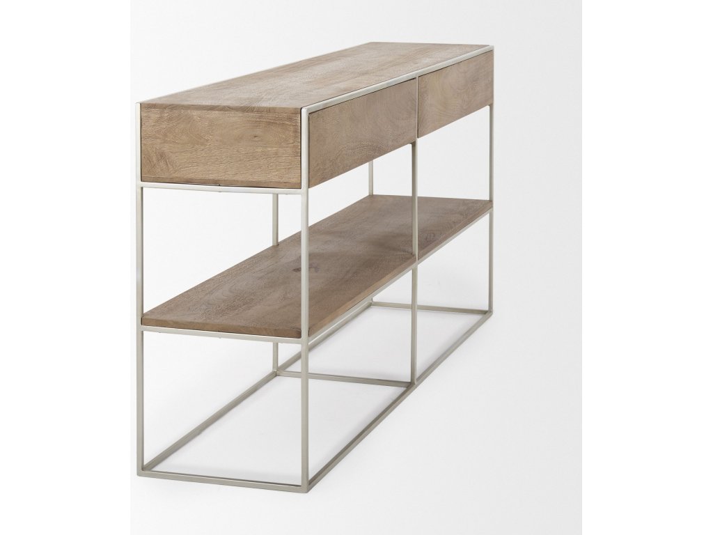 I 63L x 15W x 31H Brown Wood w/ Silver Metal Frame 2 Drawer Console Table - image 6
