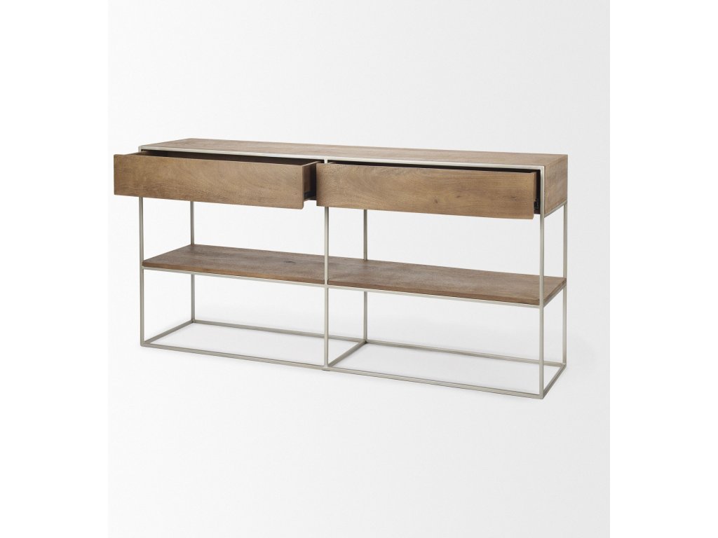 I 63L x 15W x 31H Brown Wood w/ Silver Metal Frame 2 Drawer Console Table - image 7