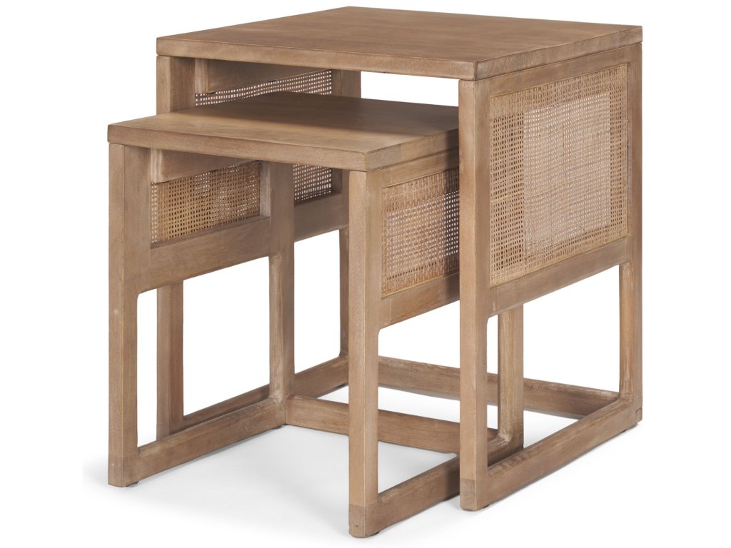 Set of 2 Light Brown Solid Wood w/ Cane Nesting Accent Tables - main image