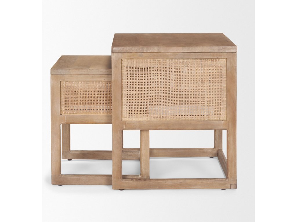 Set of 2 Light Brown Solid Wood w/ Cane Nesting Accent Tables - image 3
