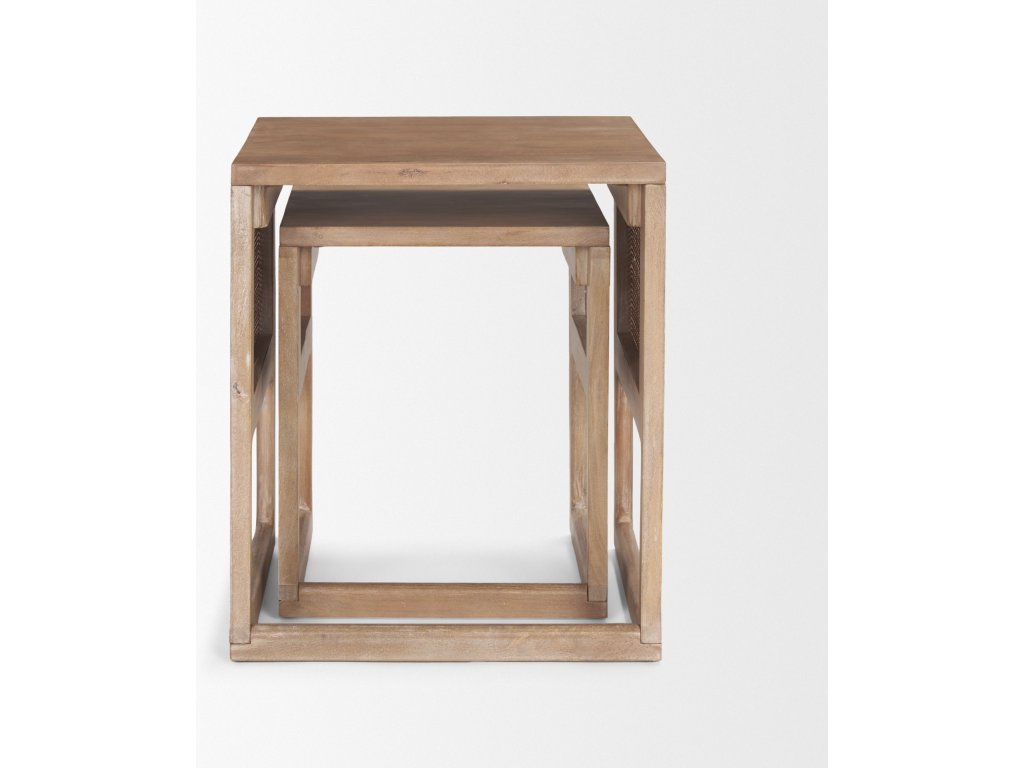 Set of 2 Light Brown Solid Wood w/ Cane Nesting Accent Tables - image 4