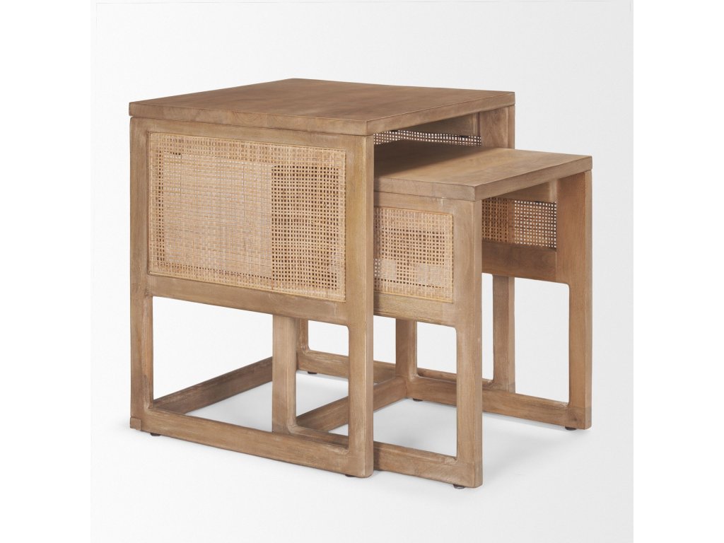 Set of 2 Light Brown Solid Wood w/ Cane Nesting Accent Tables - image 5