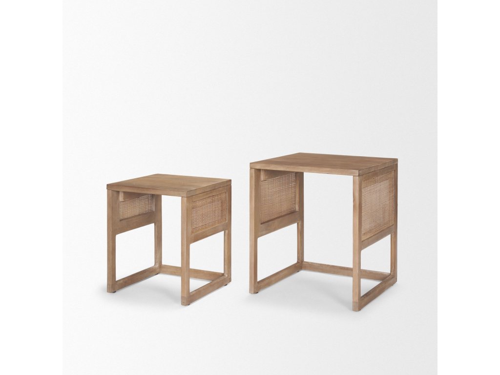 Set of 2 Light Brown Solid Wood w/ Cane Nesting Accent Tables - image 7
