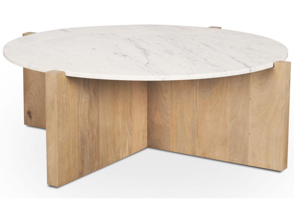 Light Brown Wood w/ Round Marble Top Coffee Table - main image