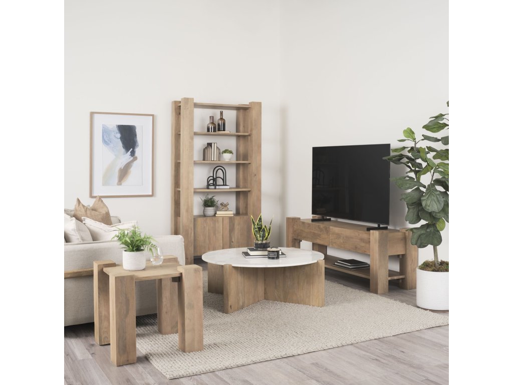 Light Brown Wood w/ Round Marble Top Coffee Table - image 1